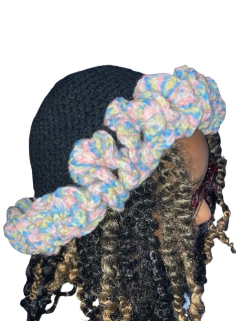 Black Crocheted Beanie with Pastel Multicolor Ruffle - Picture 2 of 3